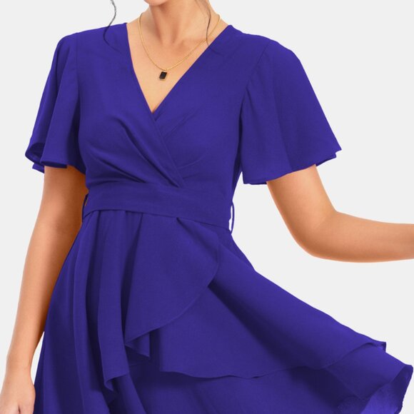 Surplice Neck Flutter Sleeve Dress - Picture 1 of 8
